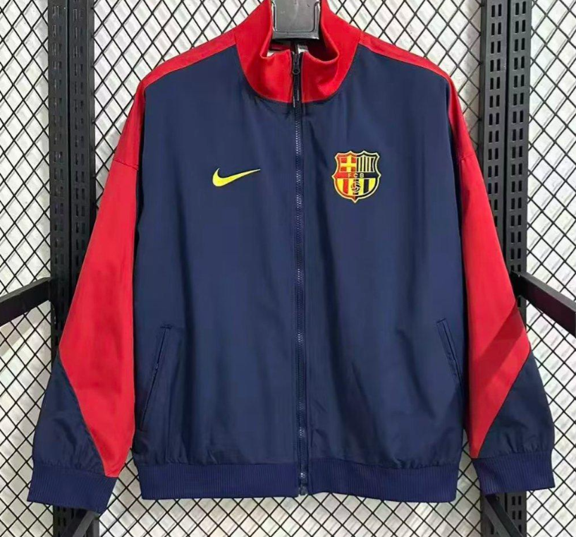 25/26 Barcelona Navy Blue with Red Color Block Full Zipper Windbreaker