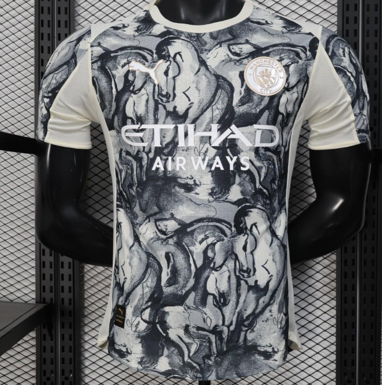 25/26 Player Version Manchester City White with Black Marble Abstract Art Pattern Jersey