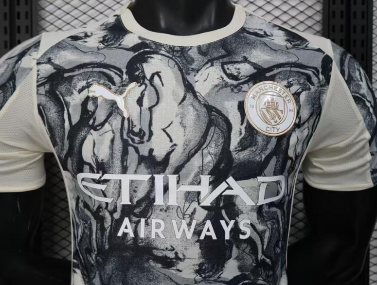 25/26 Player Version Manchester City White with Black Marble Abstract Art Pattern Jersey - Image 4
