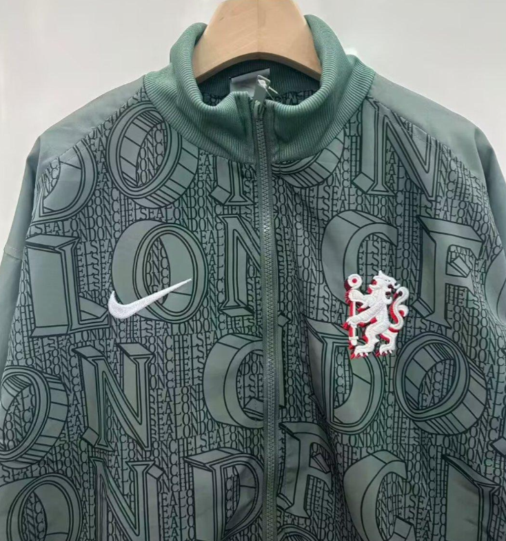 25/26 Chelsea FC Green with All-Over London Text Pattern Full Zipper Windbreaker - Image 5