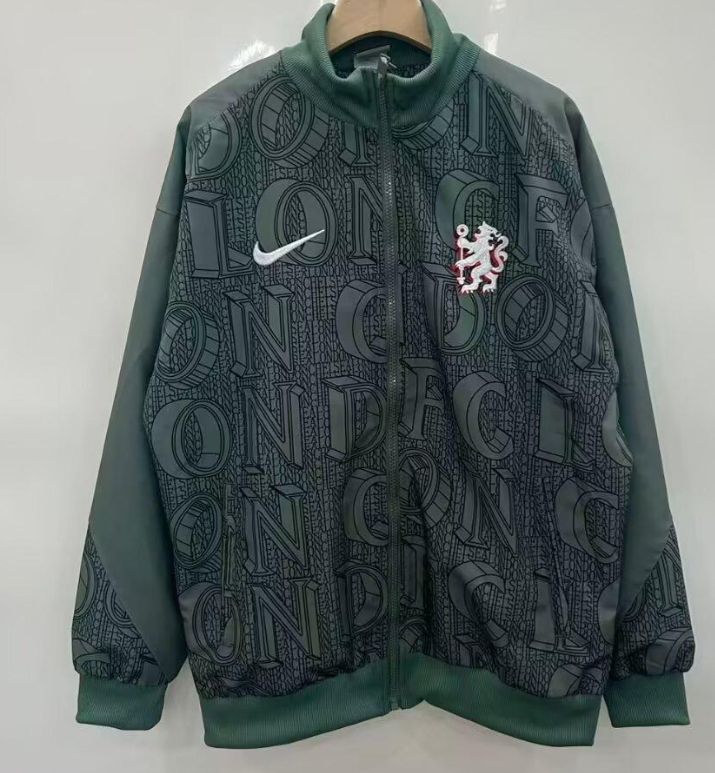 25/26 Chelsea FC Green with All-Over London Text Pattern Full Zipper Windbreaker